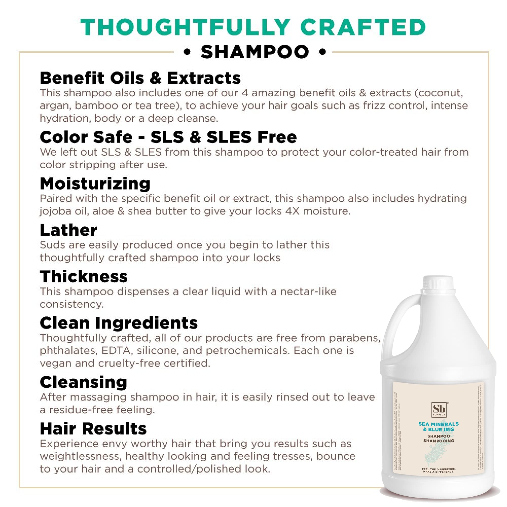Soapbox Sea Minerals Blue Iris shampoo gallon-size signals bulk option for homes and hotels.