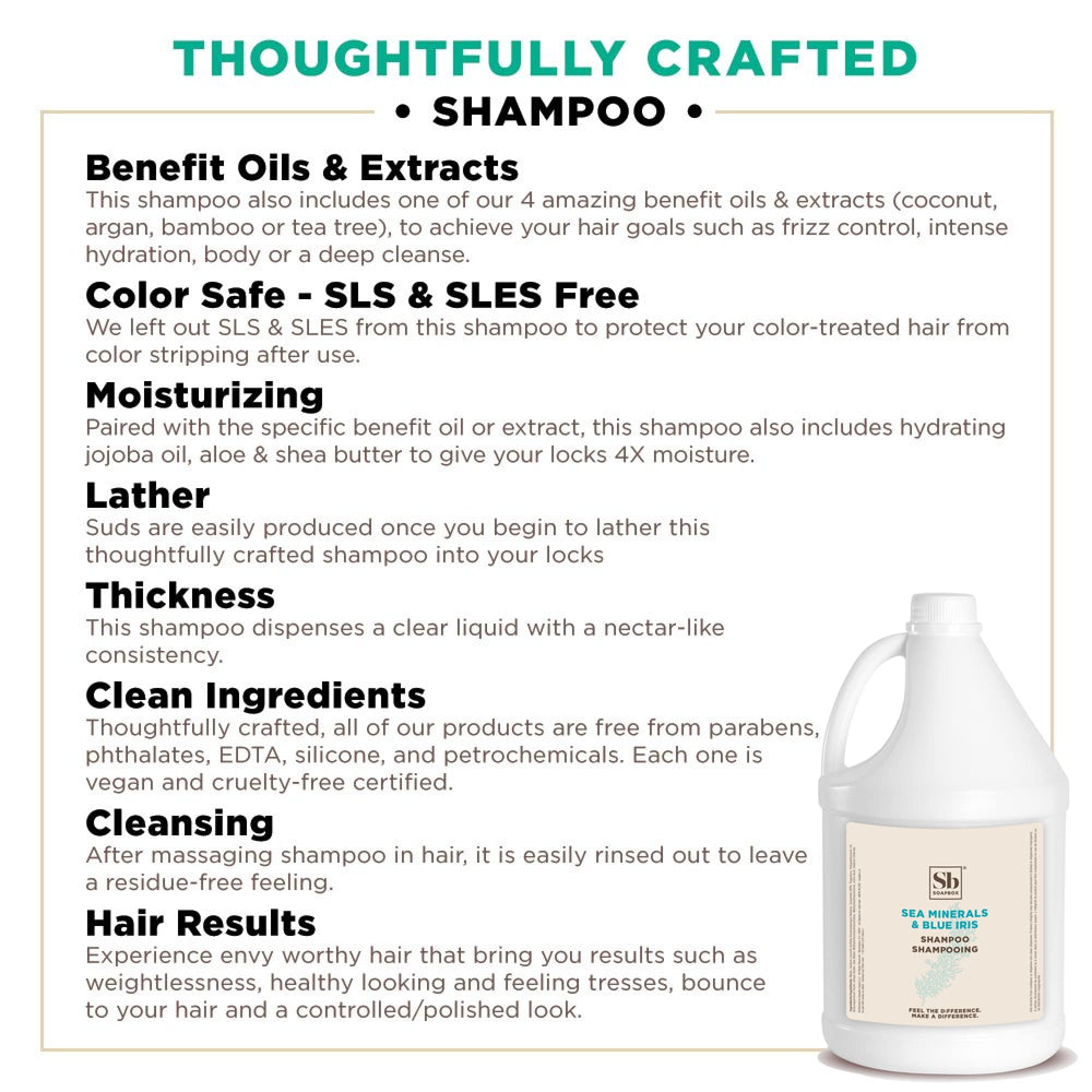Soapbox Sea Minerals Blue Iris shampoo gallon-size signals bulk option for homes and hotels.