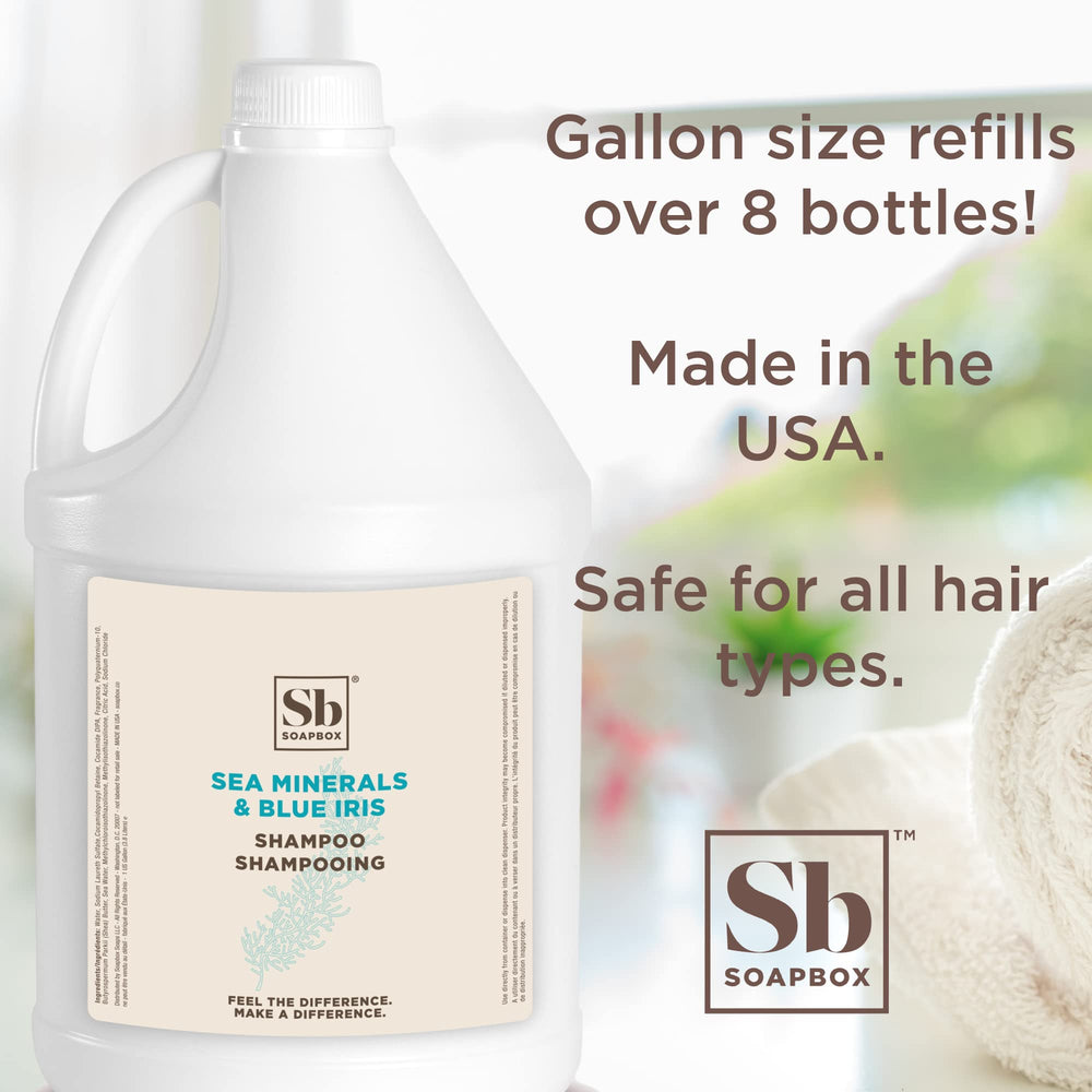 Soapbox Sea Minerals Blue Iris shampoo label indicates vegan, color-safe formula at a glance.