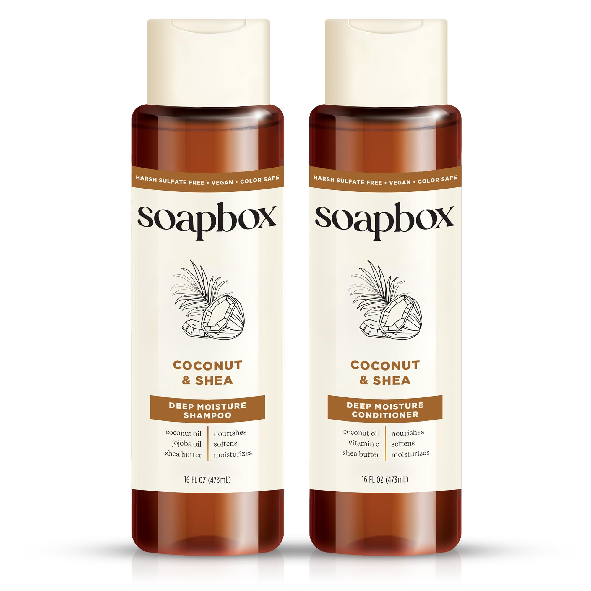 Soapbox shampoo bottle close-up highlighting coconut oil for hydrated hair.