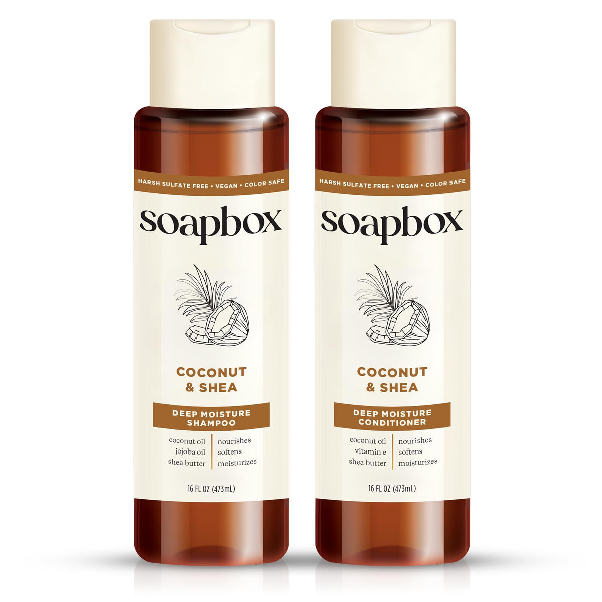 Soapbox shampoo bottle close-up highlighting coconut oil for hydrated hair.