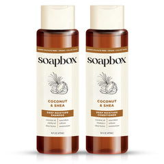 Soapbox shampoo bottle close-up highlighting coconut oil for hydrated hair.