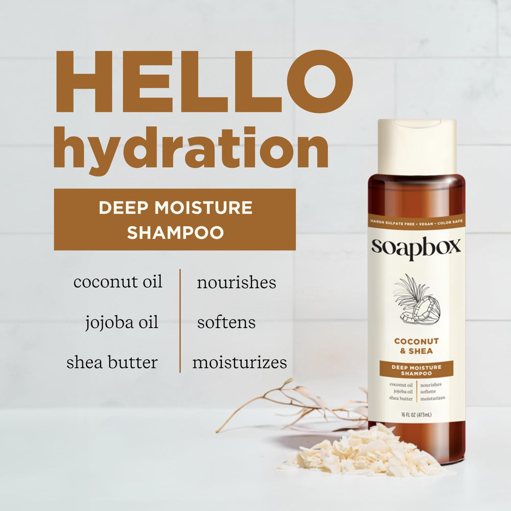 Soapbox shampoo foamy lather demonstrates gentle cleansing and moisture.