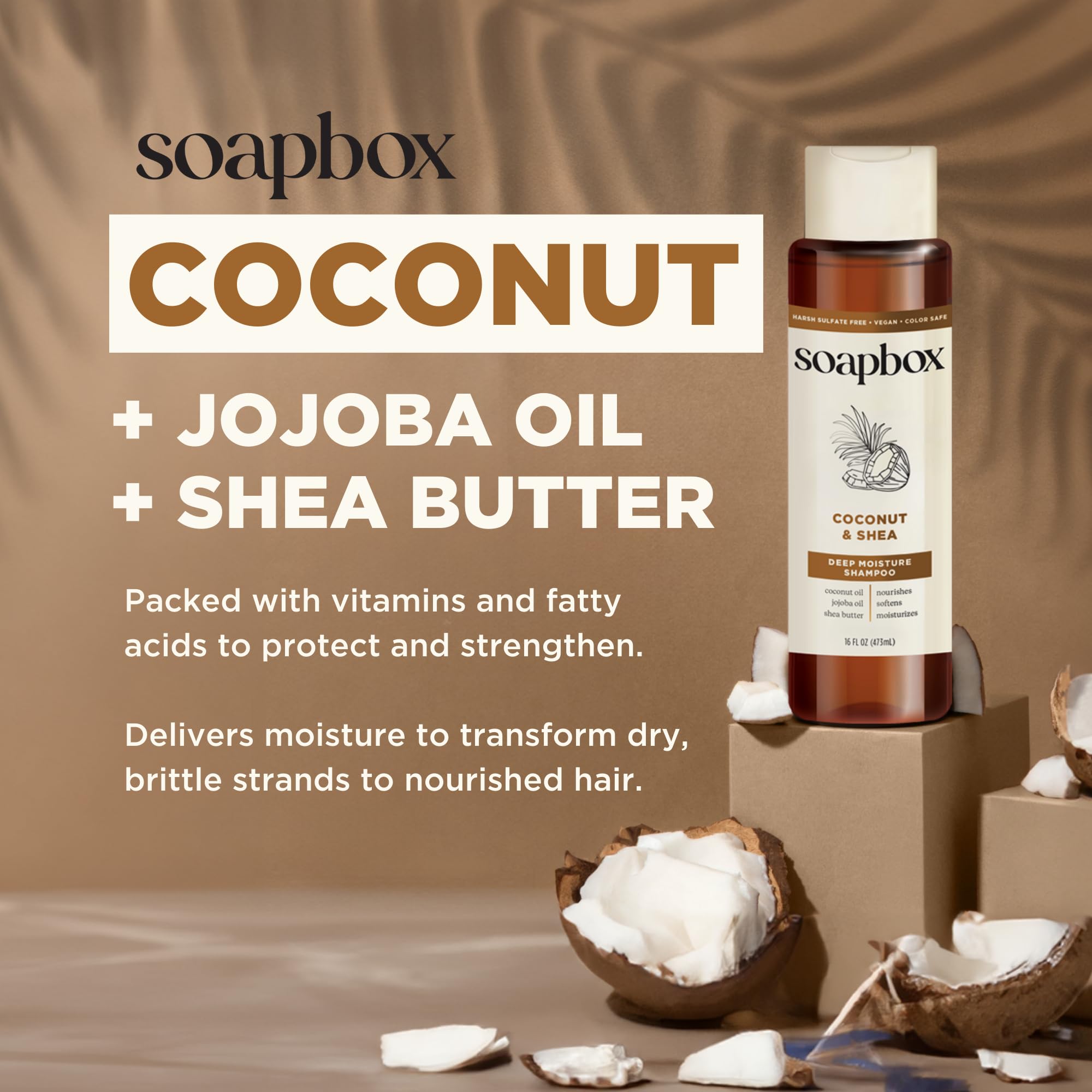 Soapbox shampoo label highlights coconut oil and vitamins E and K.