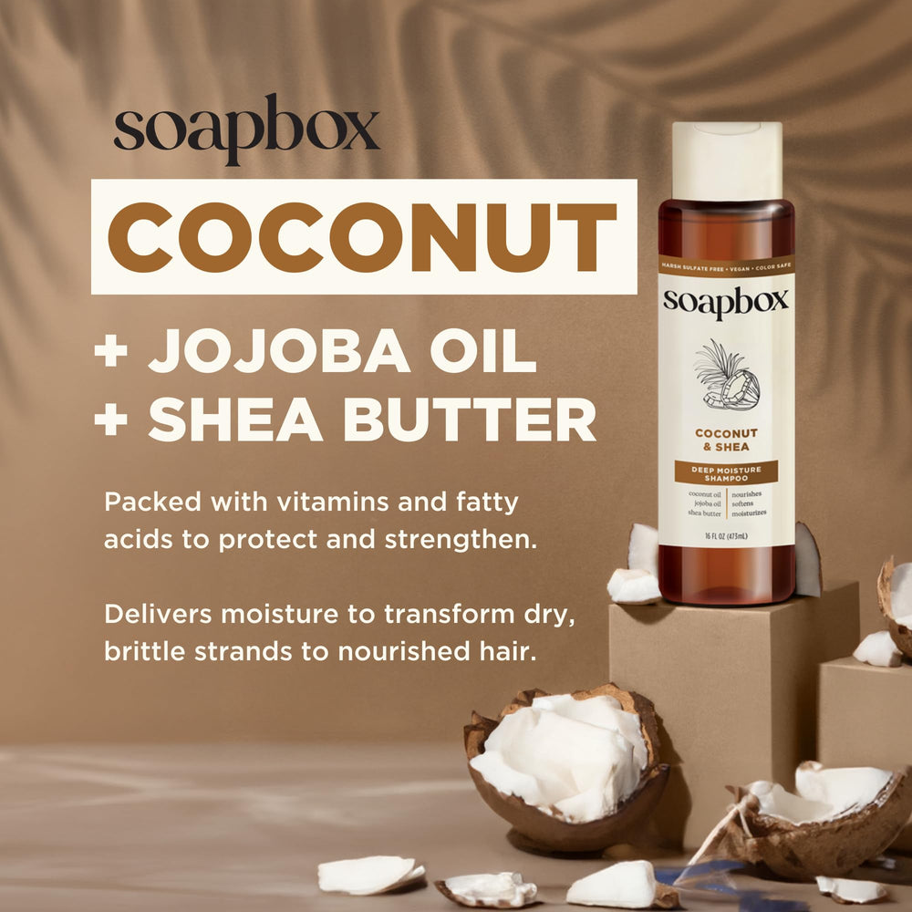 Soapbox shampoo label highlights coconut oil and vitamins E and K.