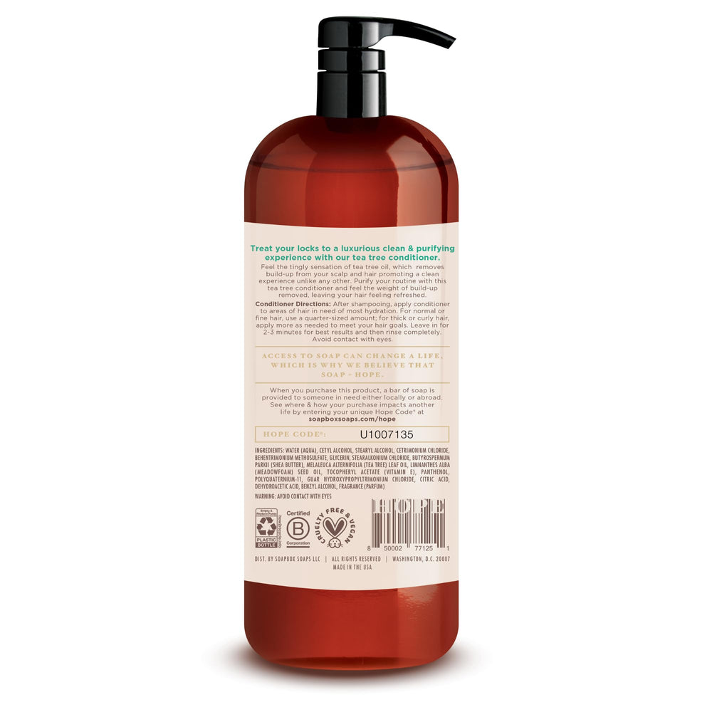 Soapbox Tea Tree Conditioner bottle promising softer hair and soothed scalp after washing