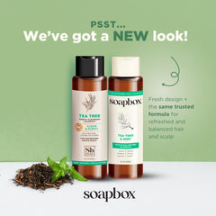 Soapbox Tea Tree Conditioner bottle highlights detangling ease and shine.