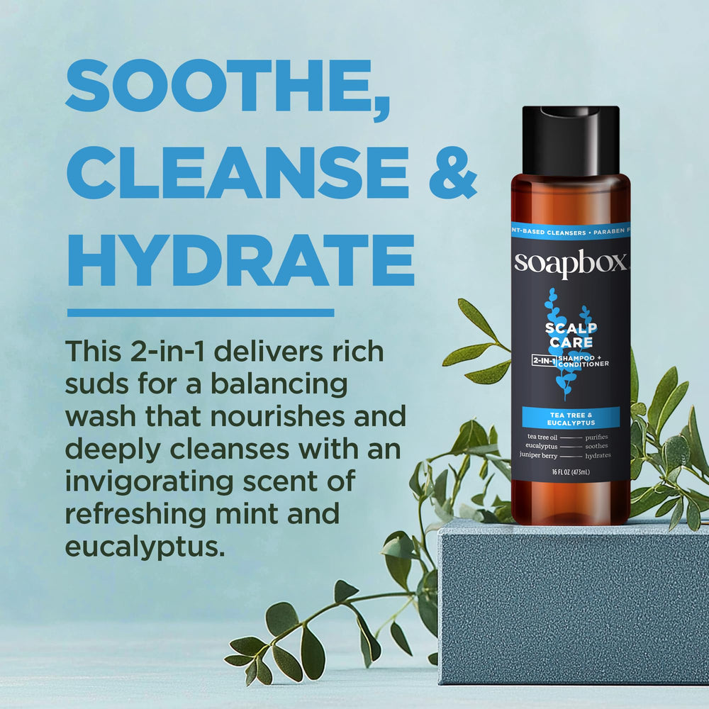 Soapbox Tea Tree Eucalyptus shampoo bottle highlights cooling scent and scalp-friendly cleansing.