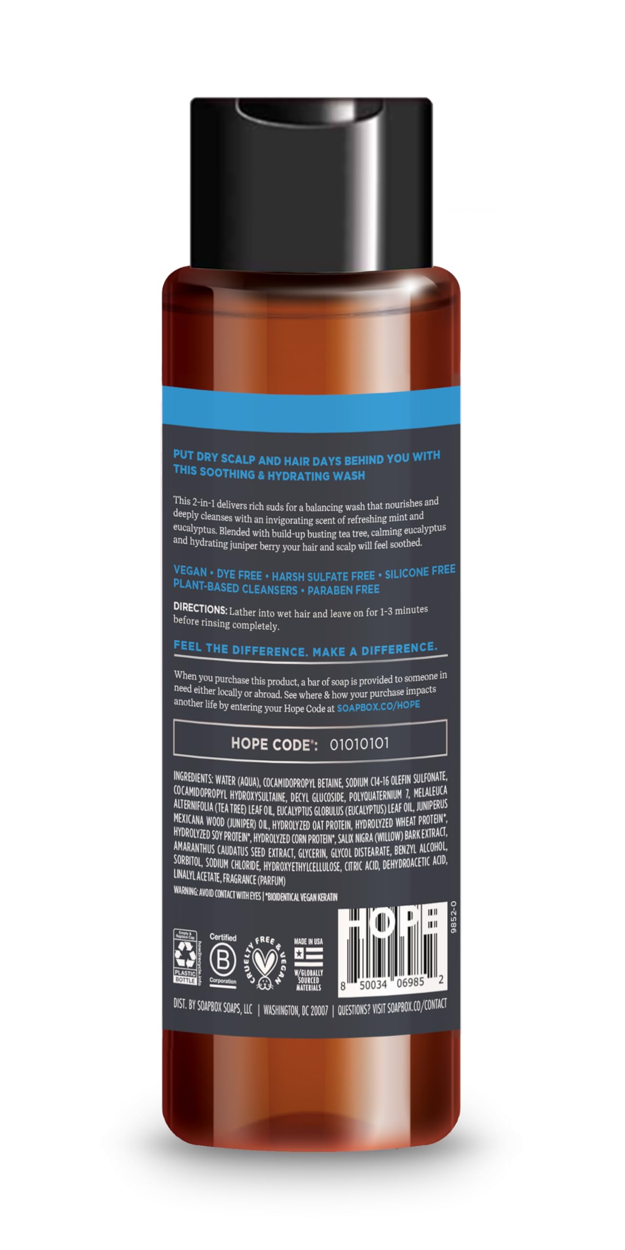 Soapbox Tea Tree Eucalyptus shampoo foam-on-hair demonstrates light lather and cleansing action.