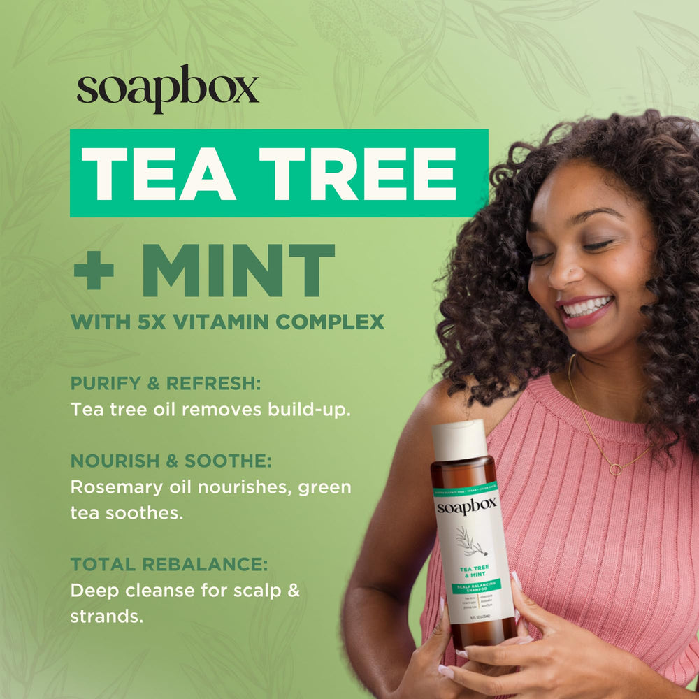 Soapbox Tea Tree Ingredients panel shows Tea Tree, Jojoba, Aloe and Shea nourishing sources.