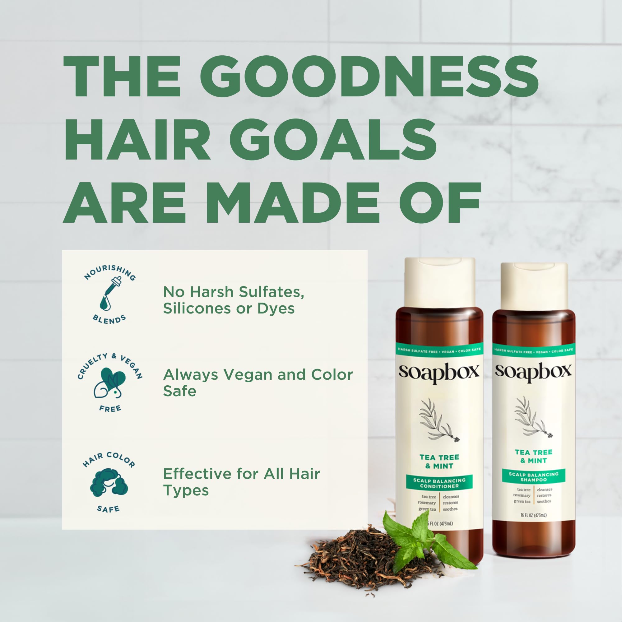 Soapbox Tea Tree Shampoo label highlights all hair types suitability.