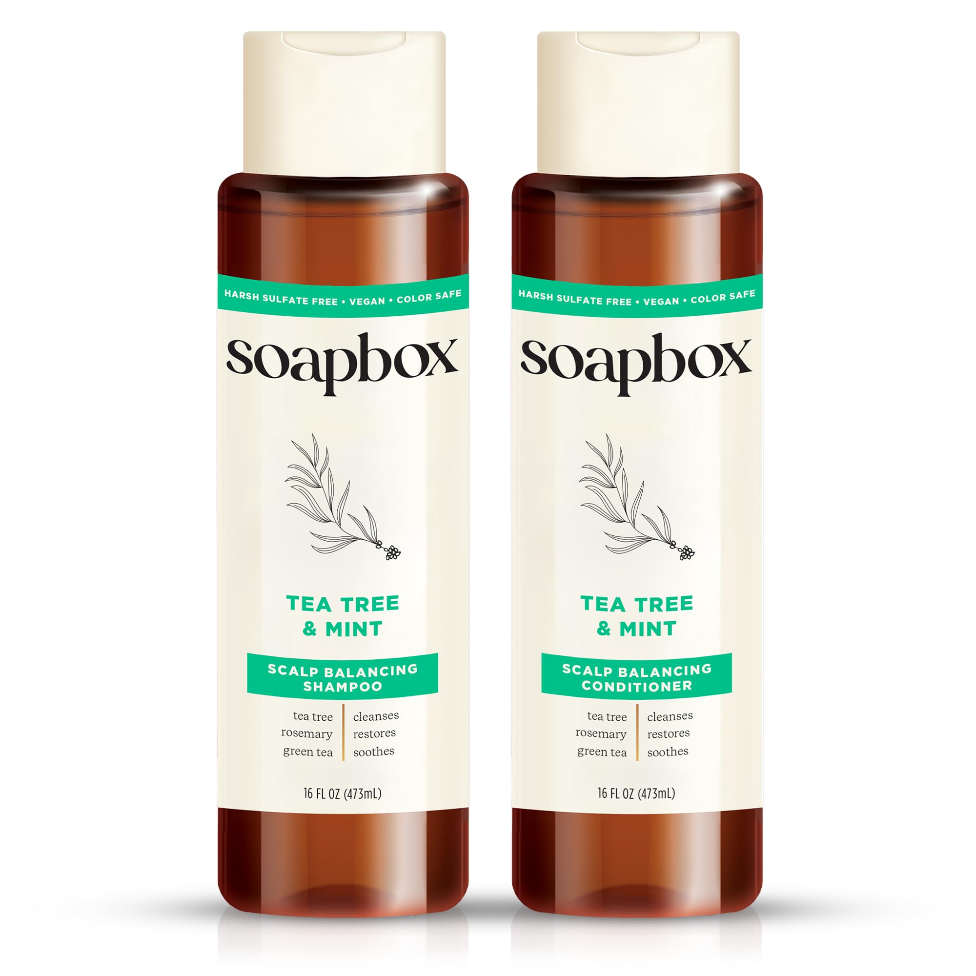 Soapbox Tea Tree Shampoo bottle shows refreshing cleanse for a purified scalp.