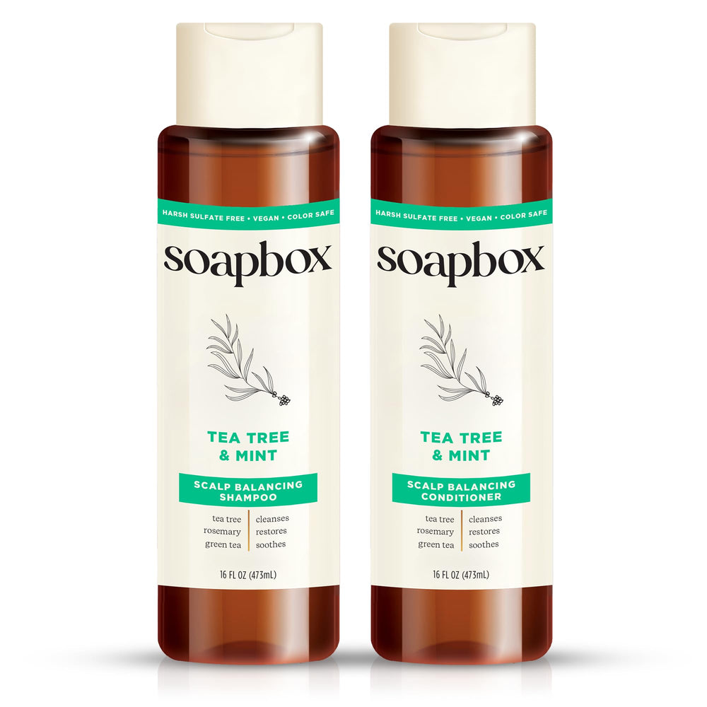 Soapbox Tea Tree Shampoo bottle shows refreshing cleanse for a purified scalp.