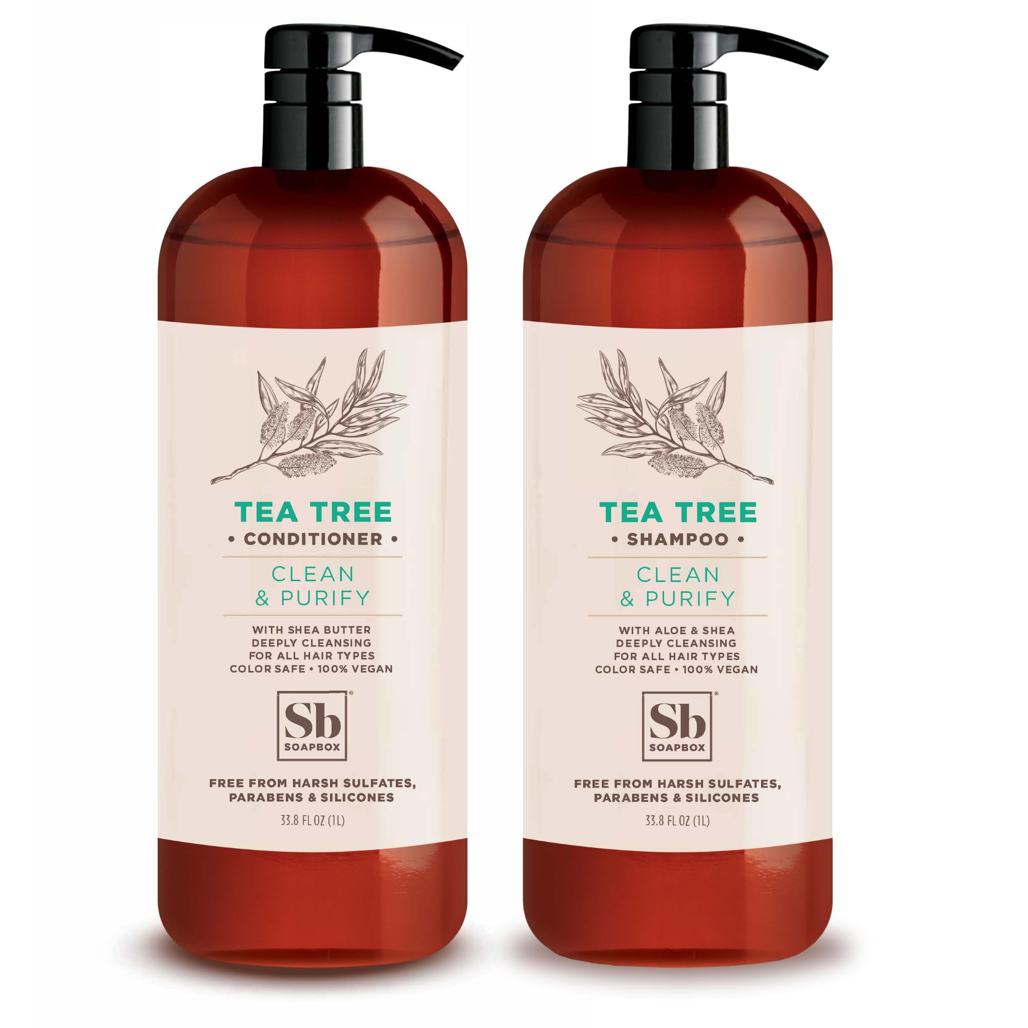 Soapbox Tea Tree Shampoo bottle highlighting scalp balancing with tea tree oil for a refreshed feel