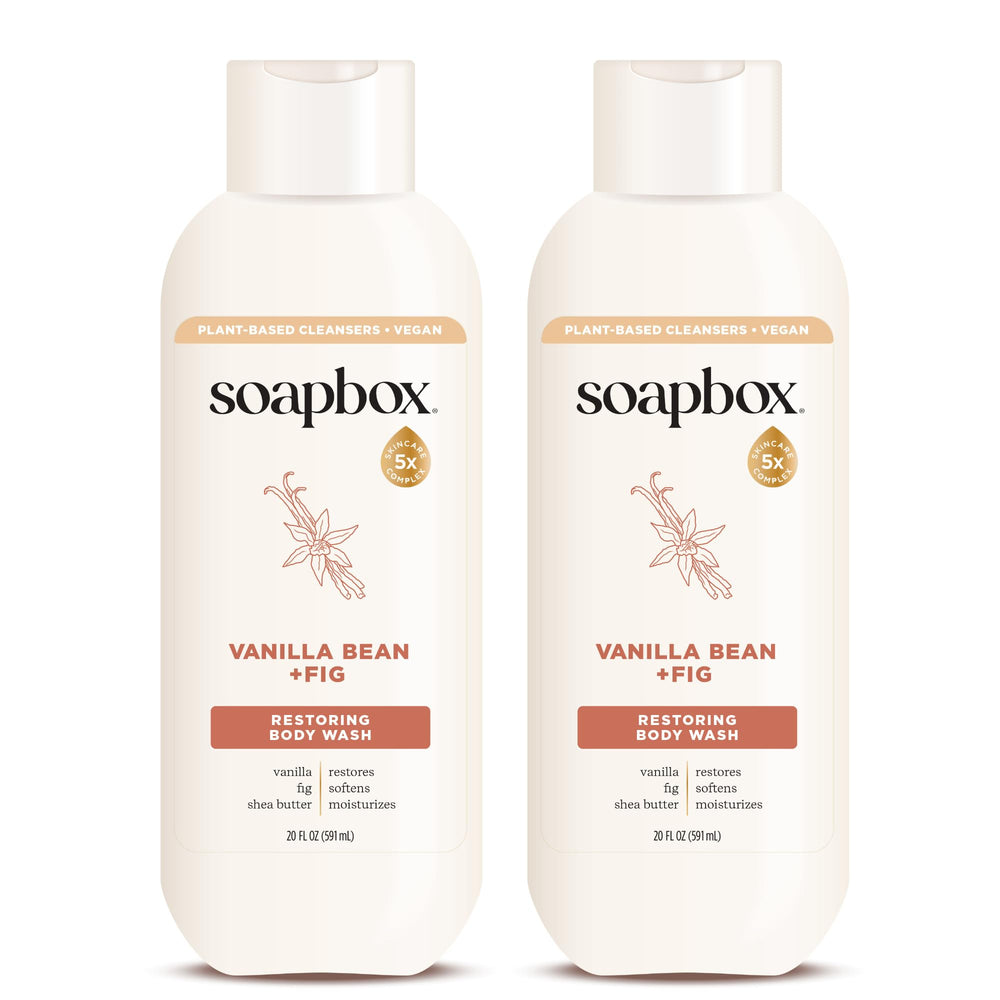 Soapbox Vanilla Bean &amp; Fig bottle front view, moisturizing body wash for daily hydration