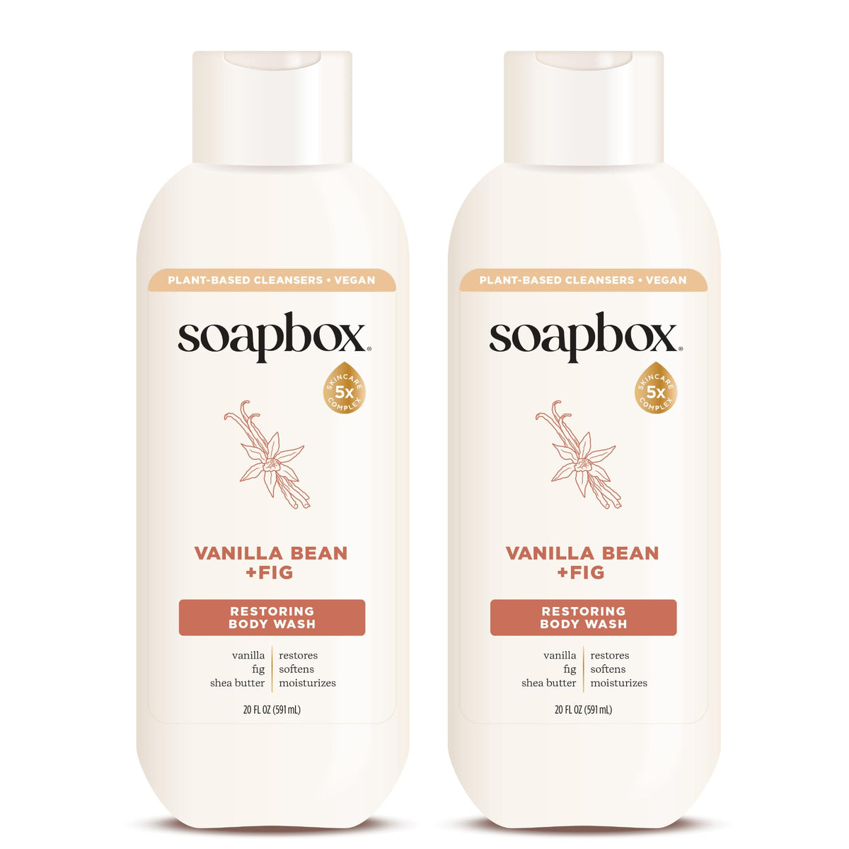 Soapbox Vanilla Bean &amp; Fig bottle front view, moisturizing body wash for daily hydration