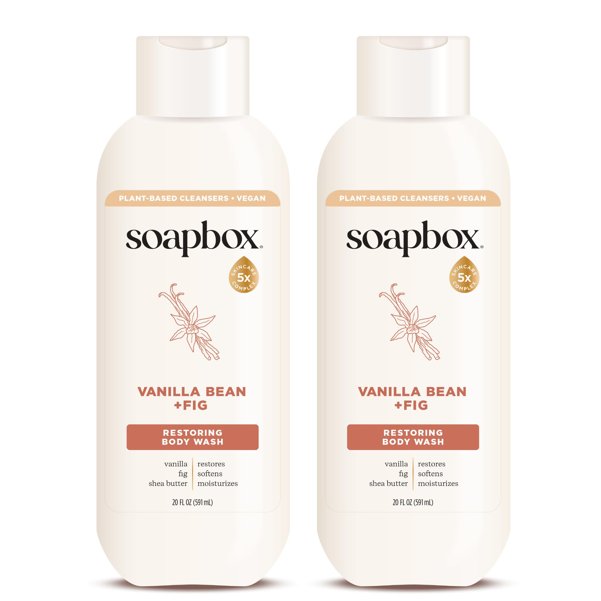 Soapbox Vanilla Bean &amp; Fig bottle front view, moisturizing body wash for daily hydration