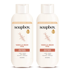 Soapbox Vanilla Bean &amp; Fig bottle front view, moisturizing body wash for daily hydration
