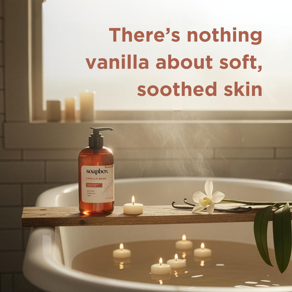 Soapbox hand soap bottle on bathroom counter demonstrates easy-to-use 12 oz pump.