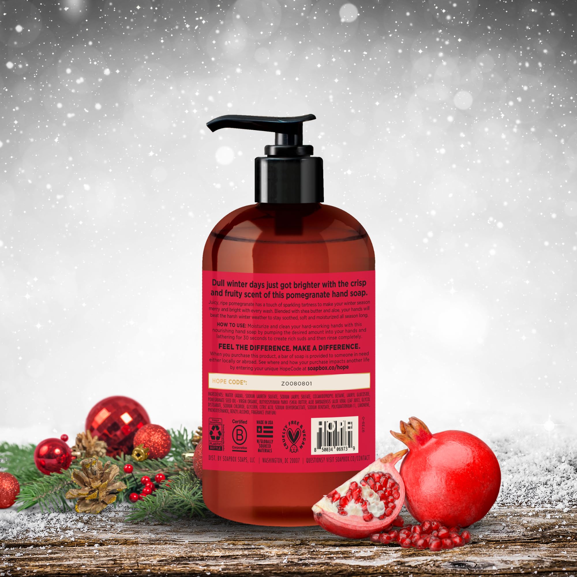 Soapbox Winter Hand Soap foam on skin indicates soothing cleansing and moisture.
