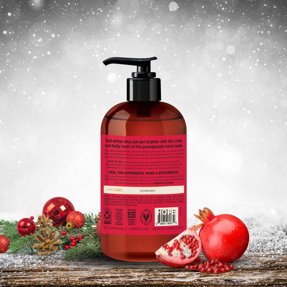Soapbox Winter Hand Soap foam on skin indicates soothing cleansing and moisture.