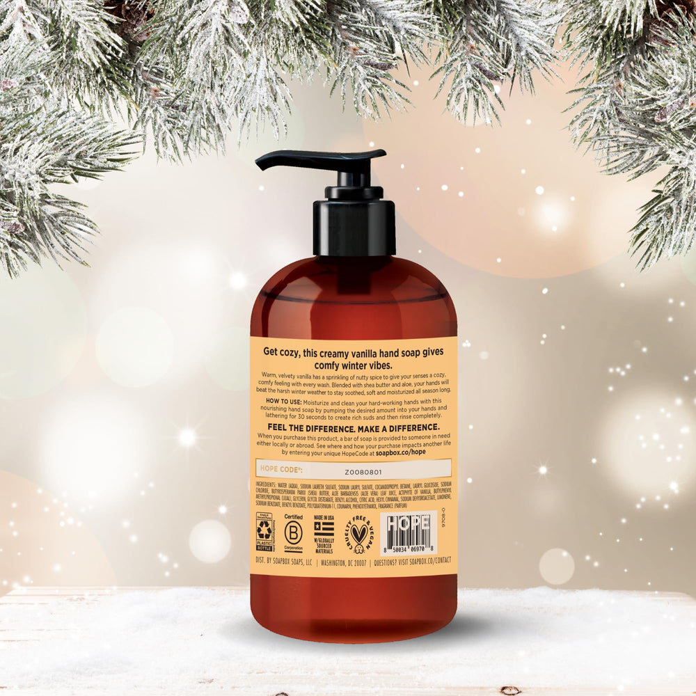 Soapbox Winter Hand Soap display at sink suggests versatile, gift-ready setup for home.