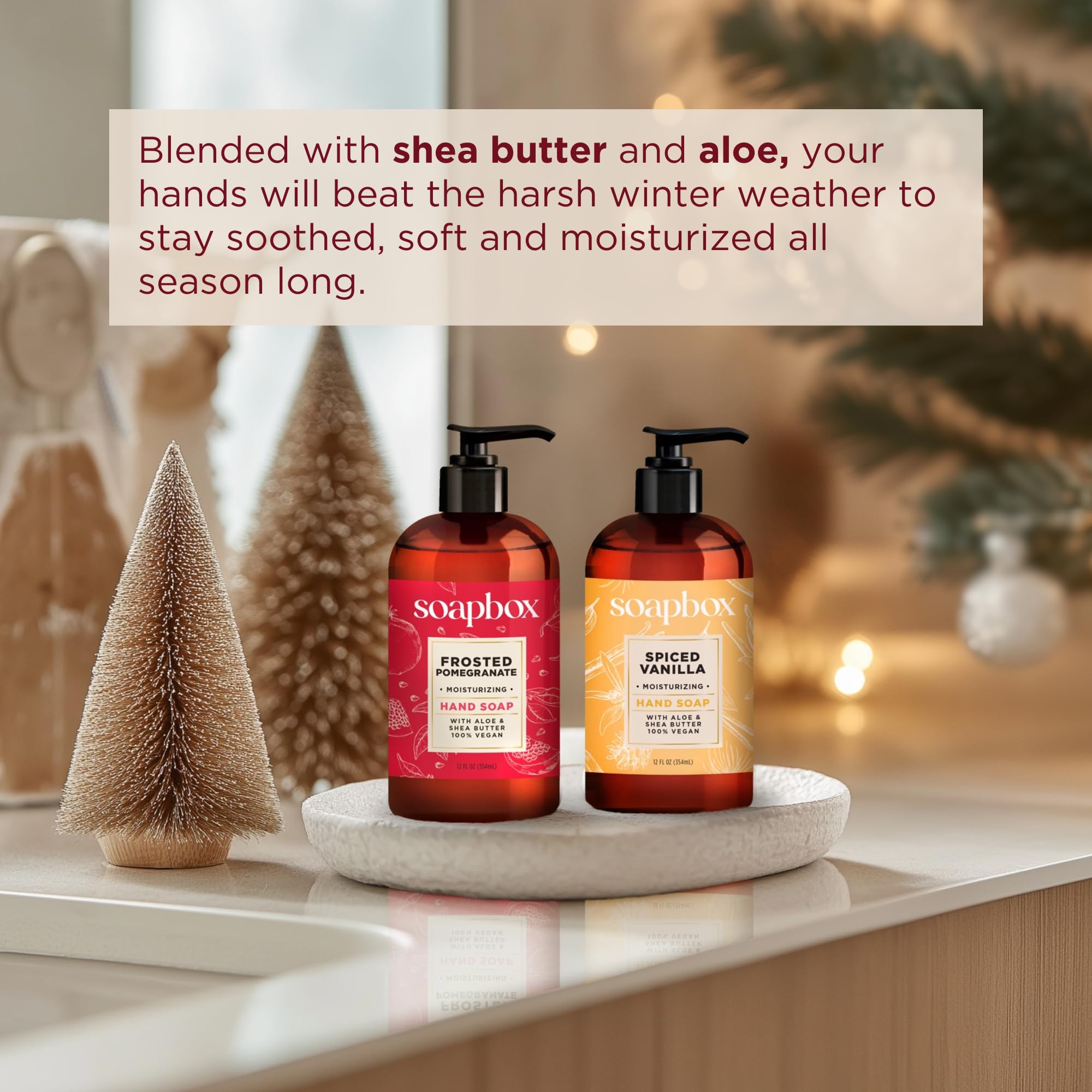 Soapbox hand soap can be used at kitchen sink for frequent cleansing and moisture.