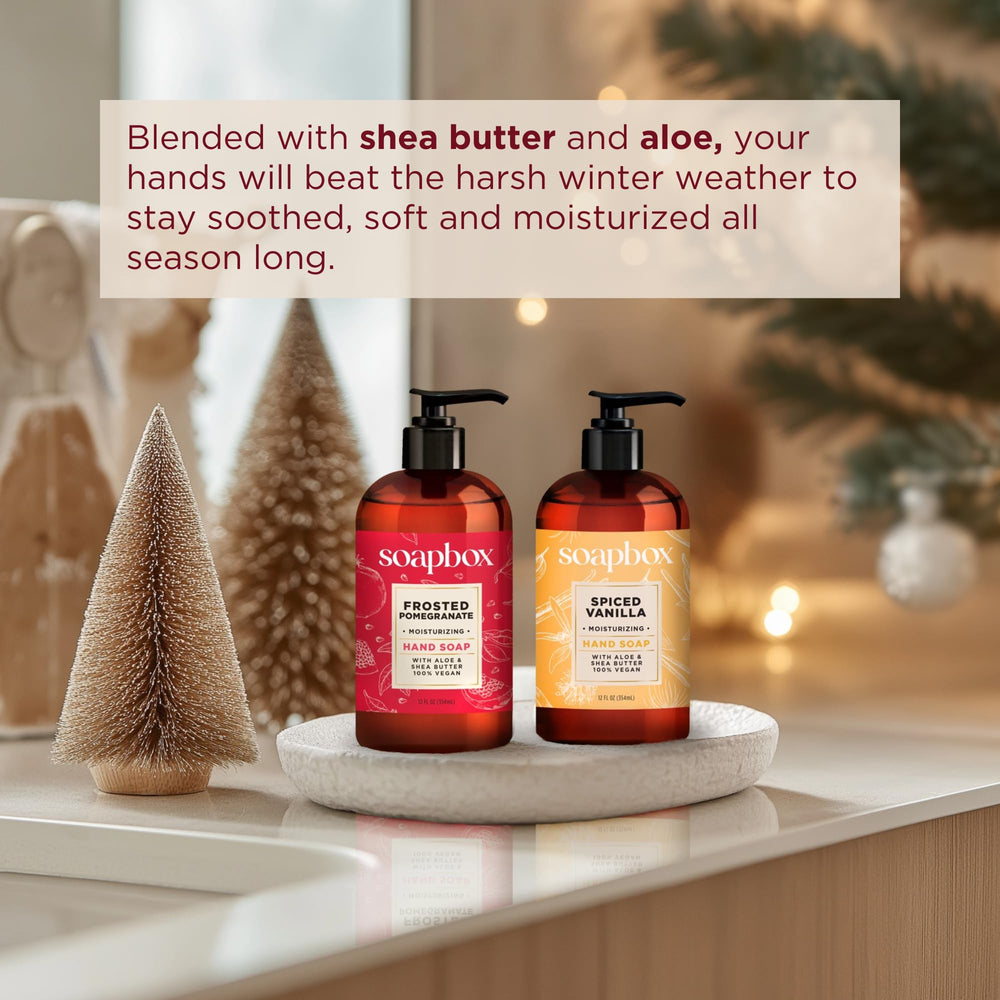Soapbox hand soap can be used at kitchen sink for frequent cleansing and moisture.