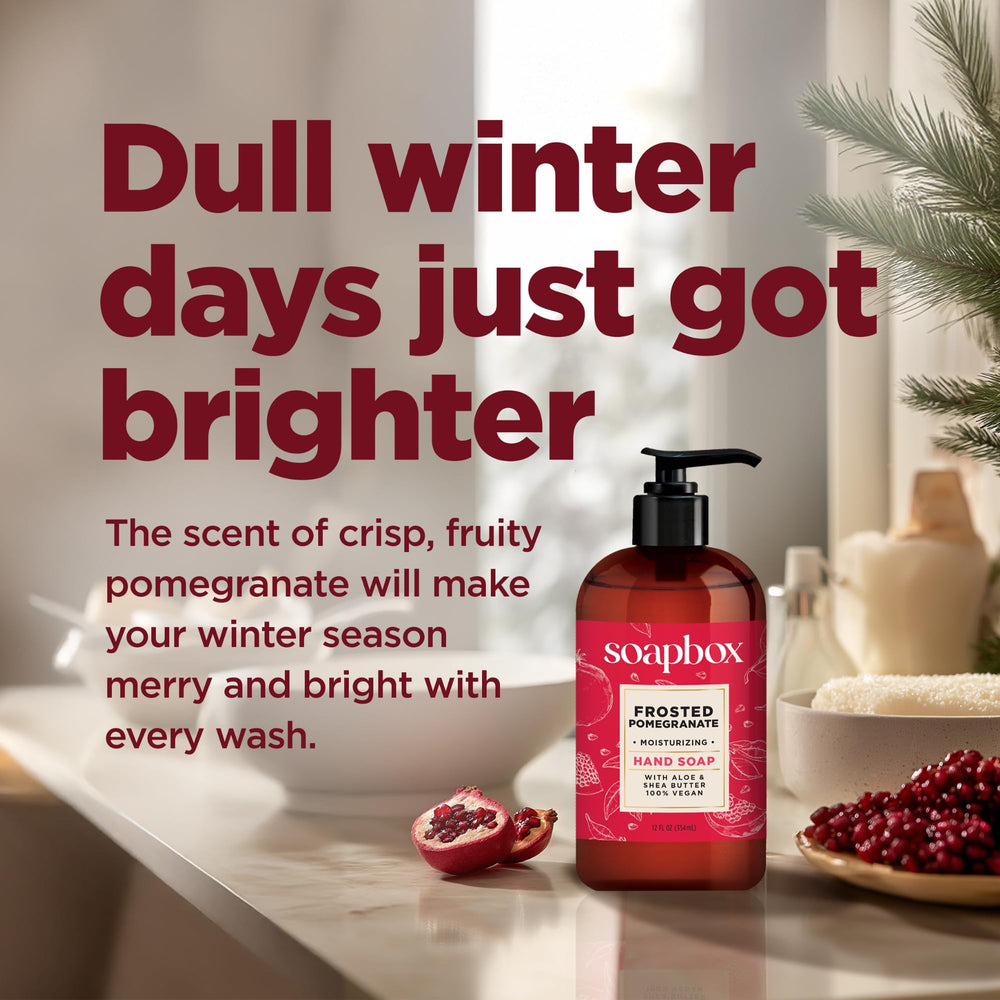 Soapbox Winter Hand Soap packaging showing four 12 oz bottles for family use.