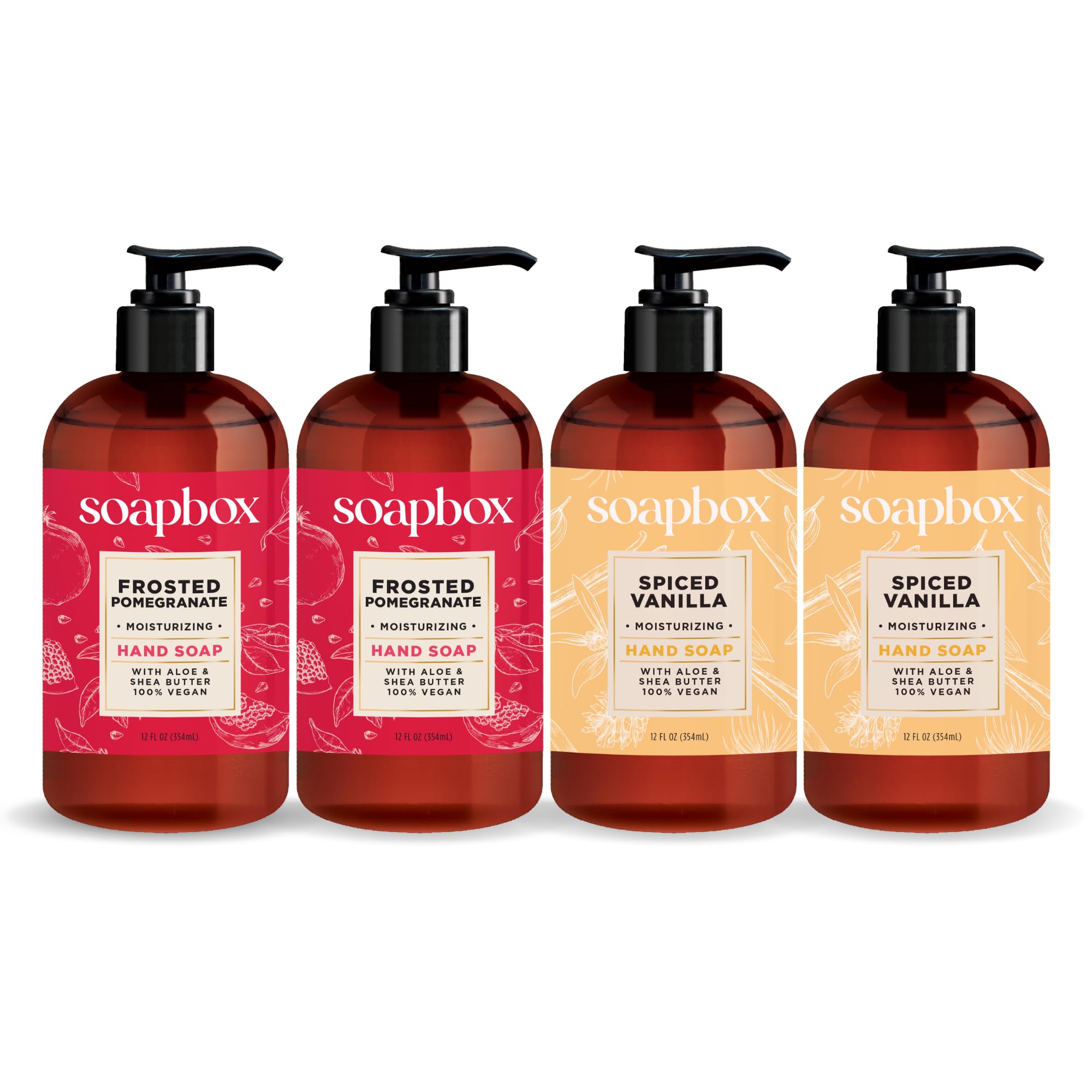 Soapbox Spiced Vanilla hand soap bottle showing creamy lather for moisturized hands.