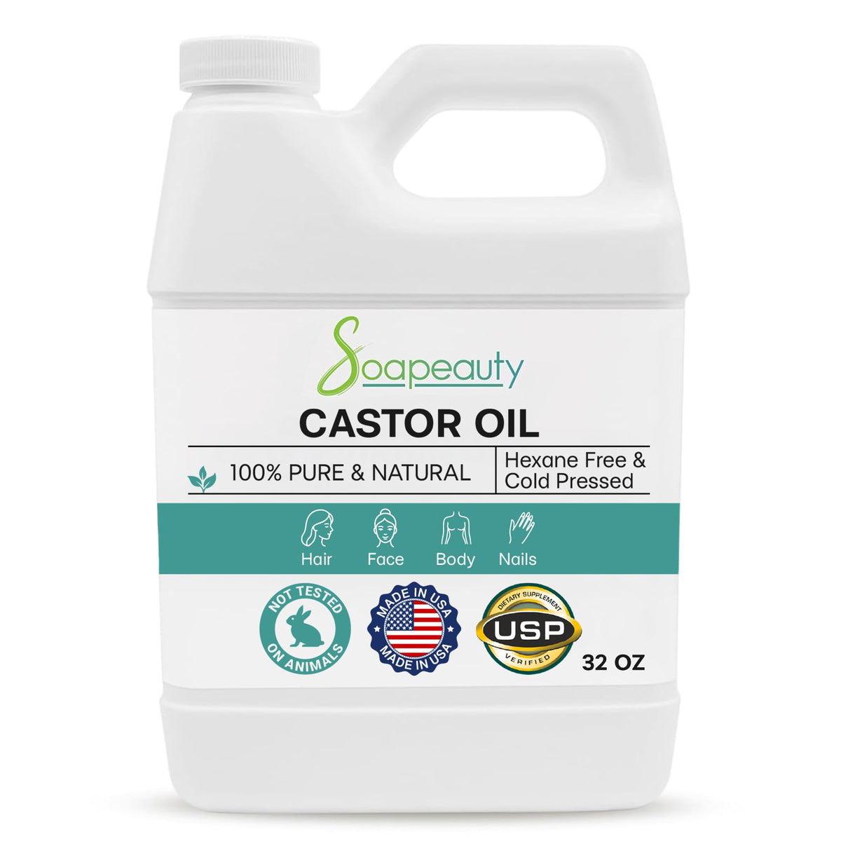 Soapeauty castor oil 32oz bottle—unfiltered, moisturizing skin and hair care.