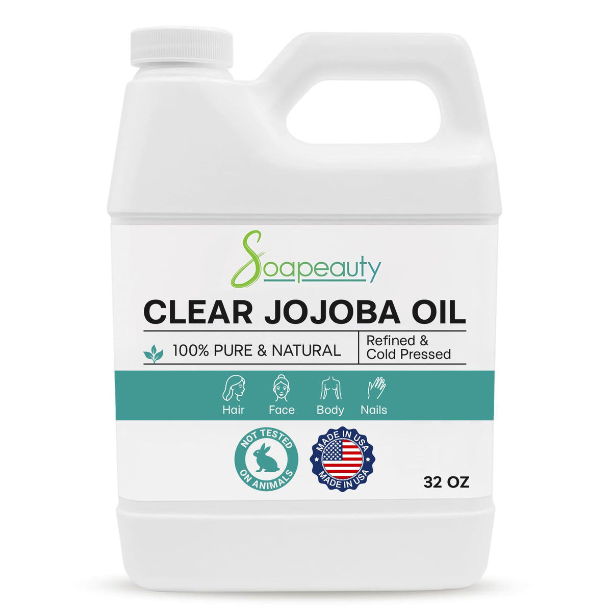 Soapeauty Clear Jojoba Oil bottle with label, 32oz, a versatile skin, hair, and nails hydrator.