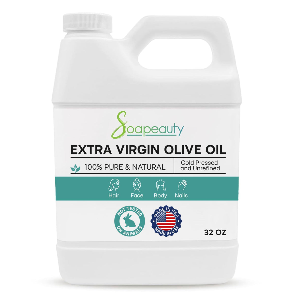Soapeauty Extra Virgin Olive Oil bottle close-up showing premium purity for skincare.