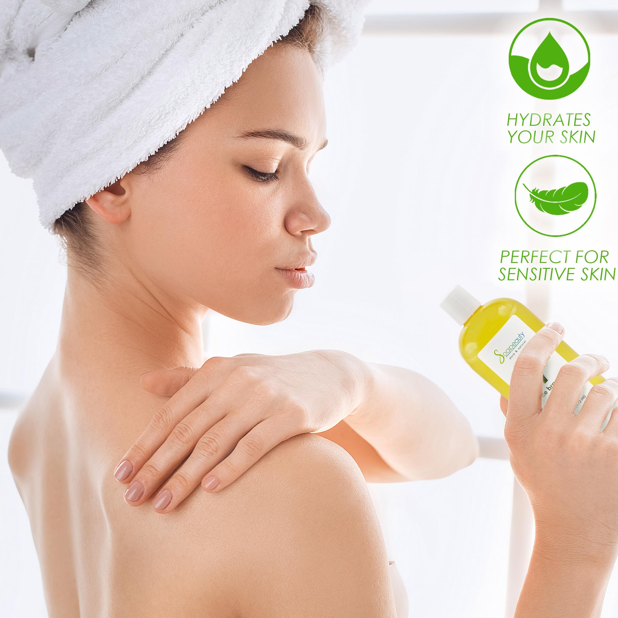Soapeauty Rice Bran Oil application on skin; moisturizes and soothes daily.