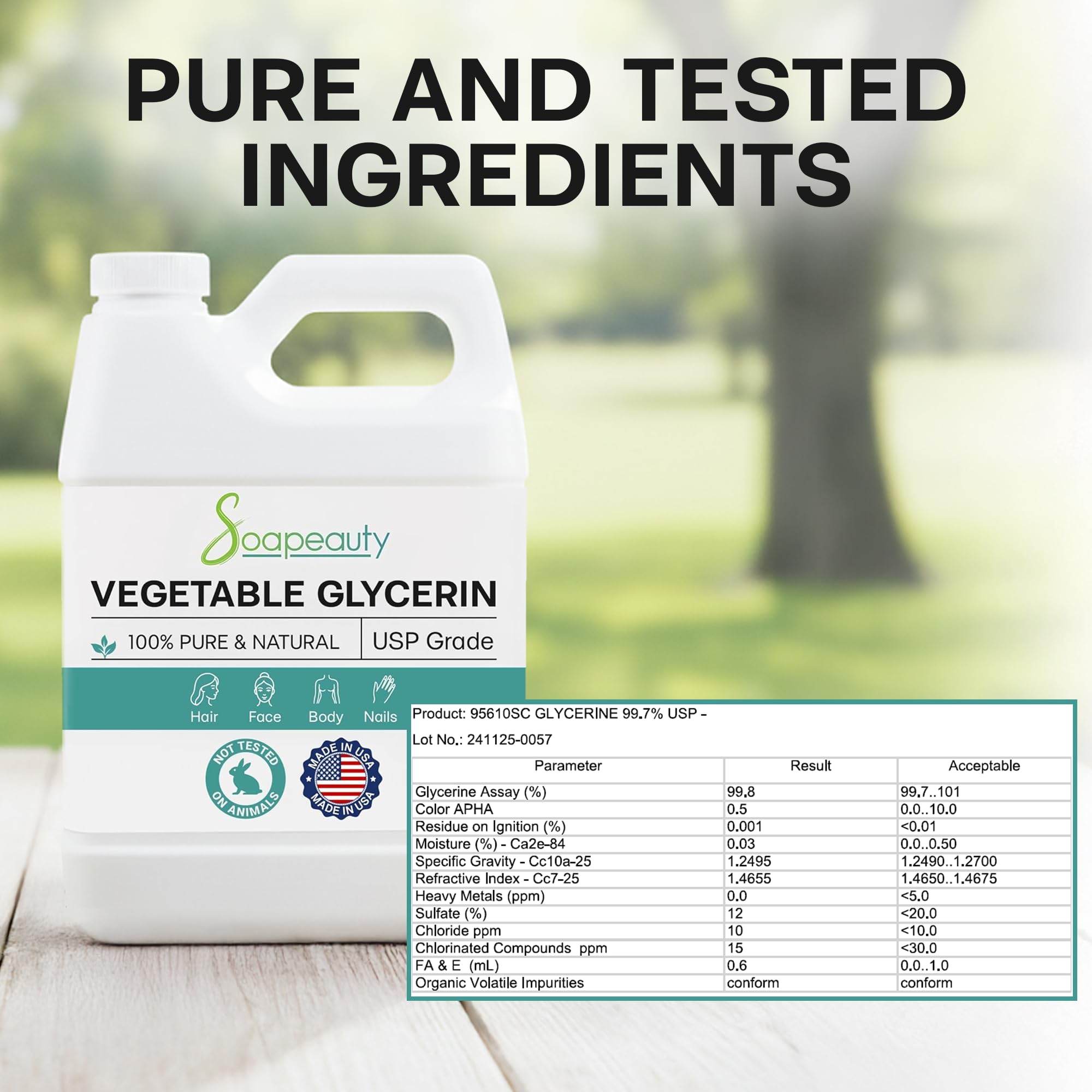 Soapeauty glycerin ingredients label highlighting USP-grade quality and origin