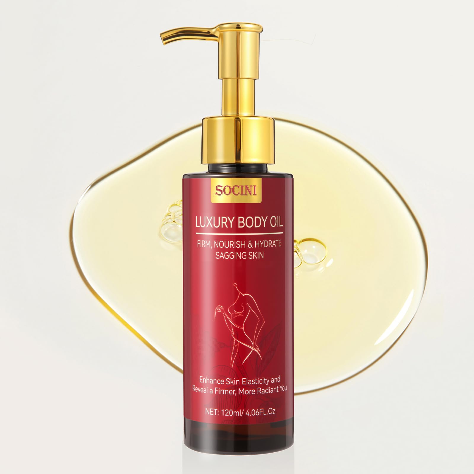 SOCINI body firming oil bottle pump showing easy, mess-free application for daily use
