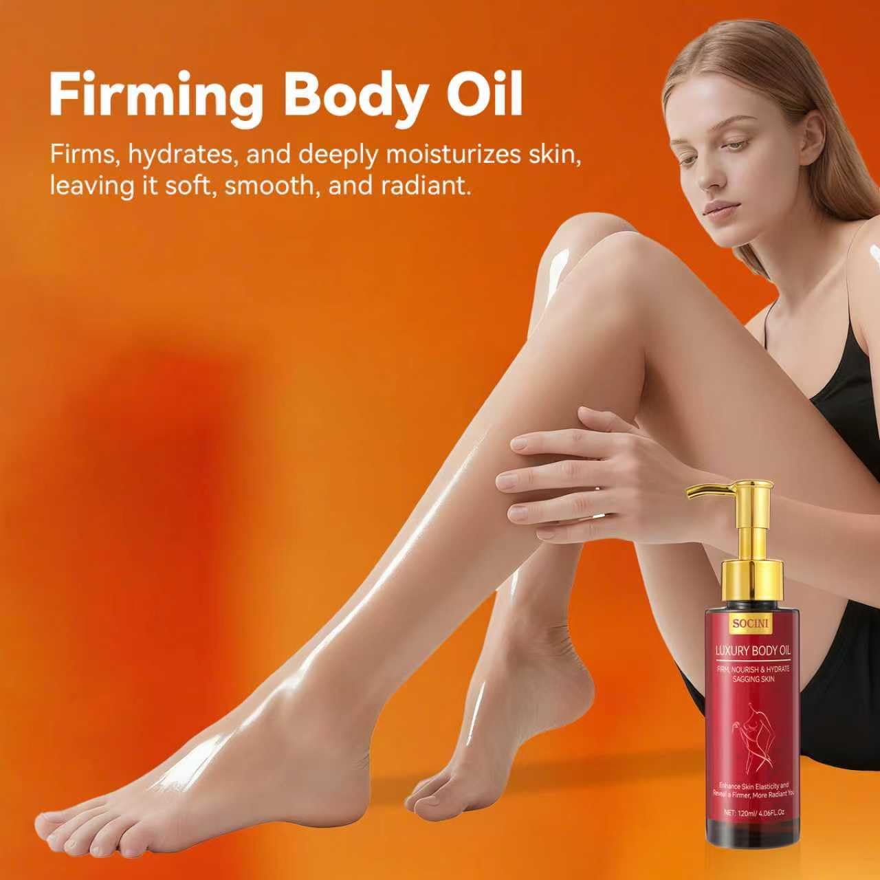 SOCINI body firming oil label closeup emphasizes natural formula and safety
