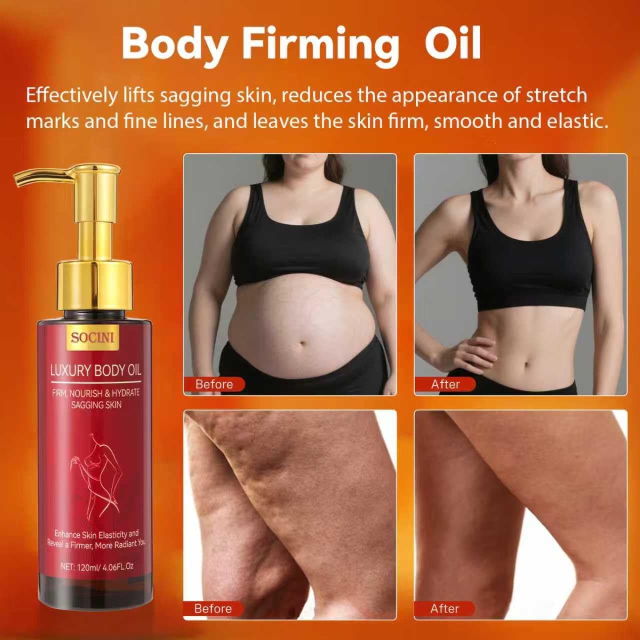 SOCINI body firming oil texture closeup highlights lightweight, non-greasy finish