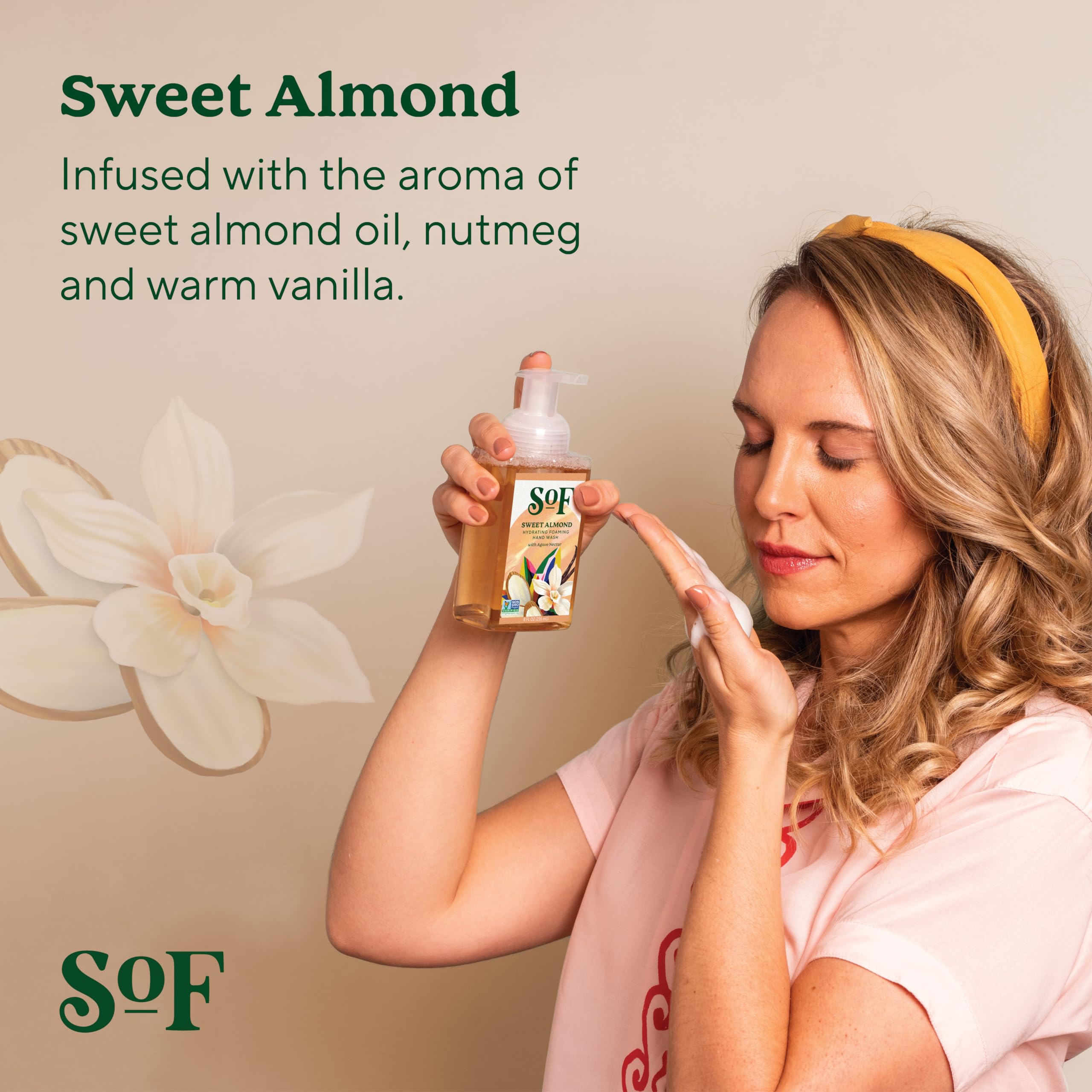SoF coconut oil foaming wash demonstrates gentle cleansing with a creamy, luxurious foam.