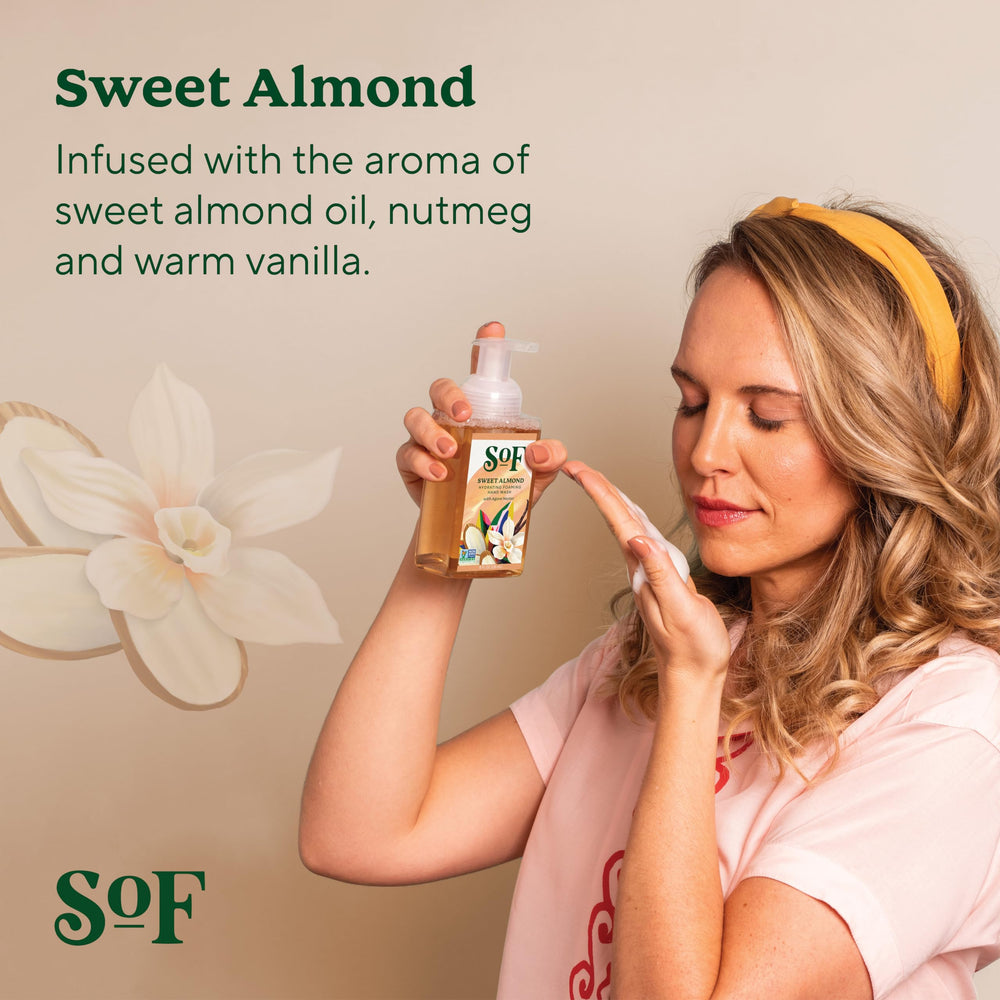 SoF coconut oil foaming wash demonstrates gentle cleansing with a creamy, luxurious foam.