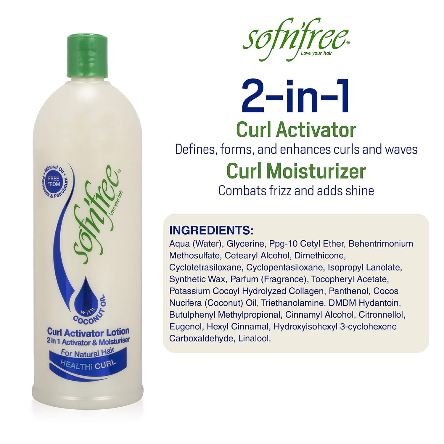 SOF N' FREE curl activator cream texture for defined soft curls.