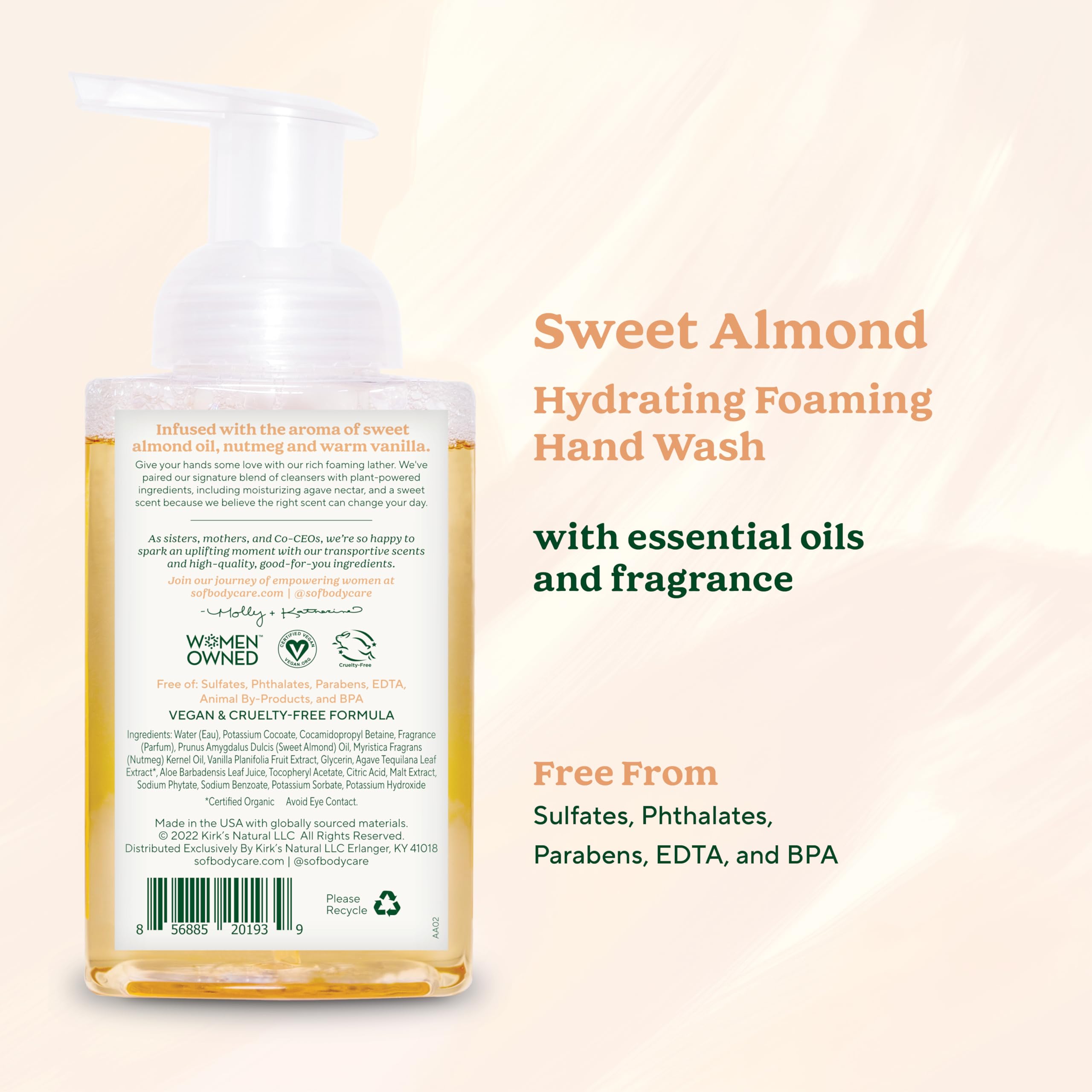 SoF organic agave nectar visual highlights moisturizing ingredients for softer hands after washing.