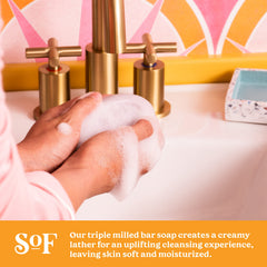 Vegan, Non-GMO SoF soap free from phthalates, sulfates, and parabens.