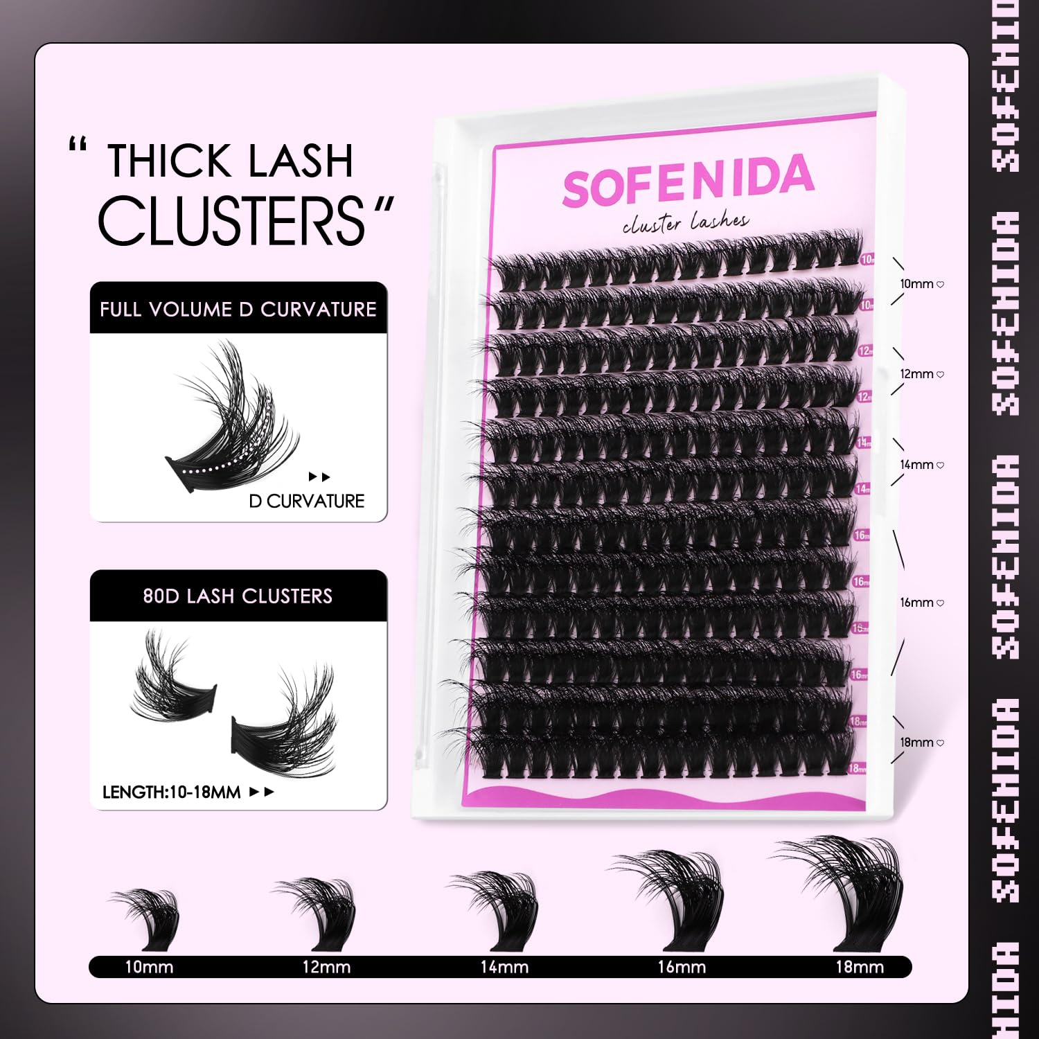 SOFENIDA Lash Clusters Kit with 10-18mm lengths enables effortless DIY full lashes.