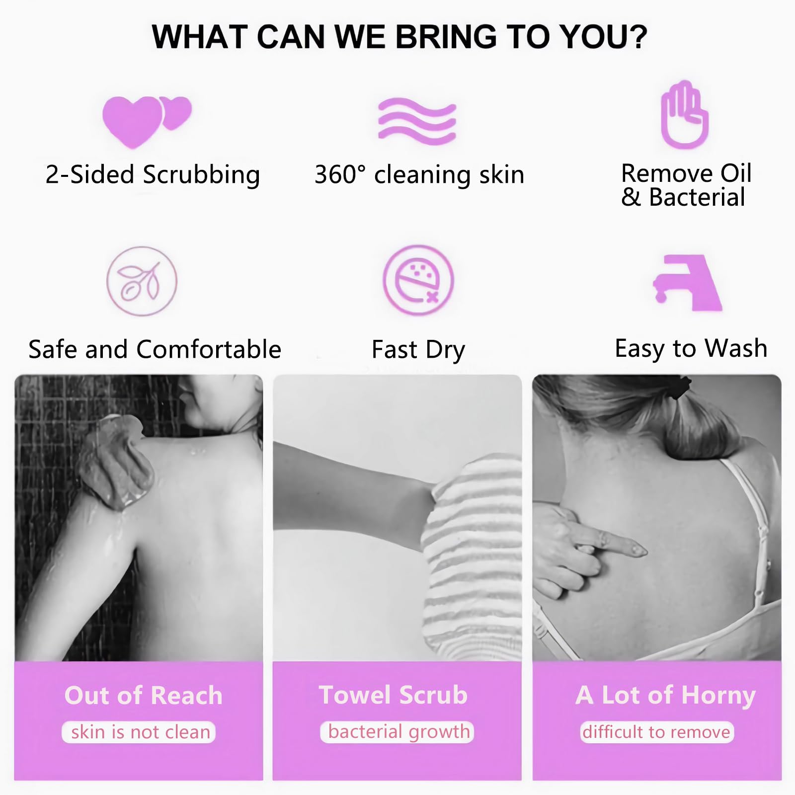 Sofine back scrubber includes two hooks and soap foaming bag.