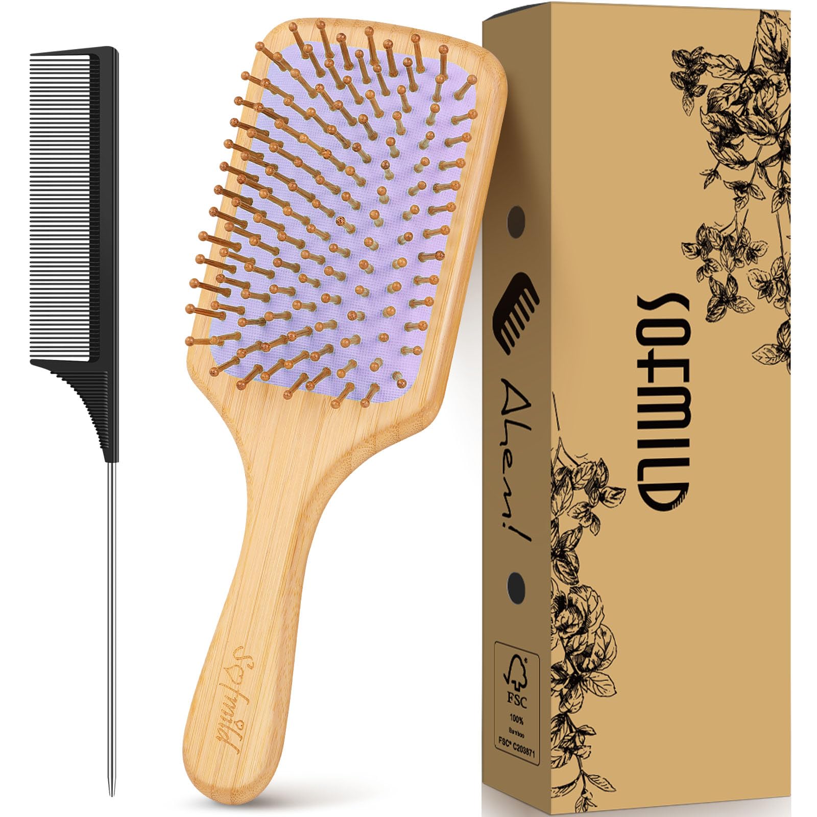 Sofmild bamboo paddle hair brush handle close-up for easy detangling