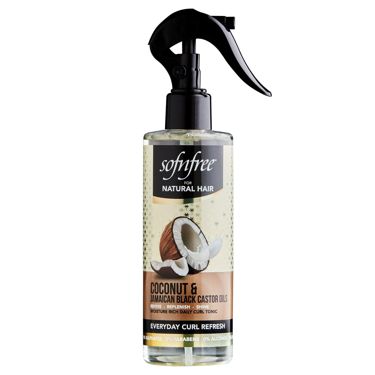 Sofn'free coconut curl refresher spray bottle for quick moisture and refresh.