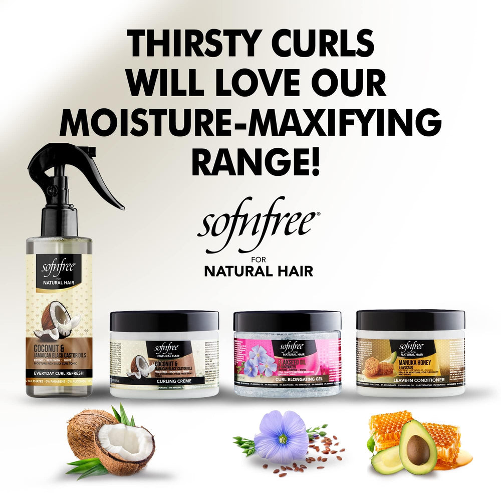 Sofn'free coconut curl refresher spray mist shows even coverage for defined curls.