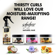 Sofn'free coconut curl refresher spray mist shows even coverage for defined curls.