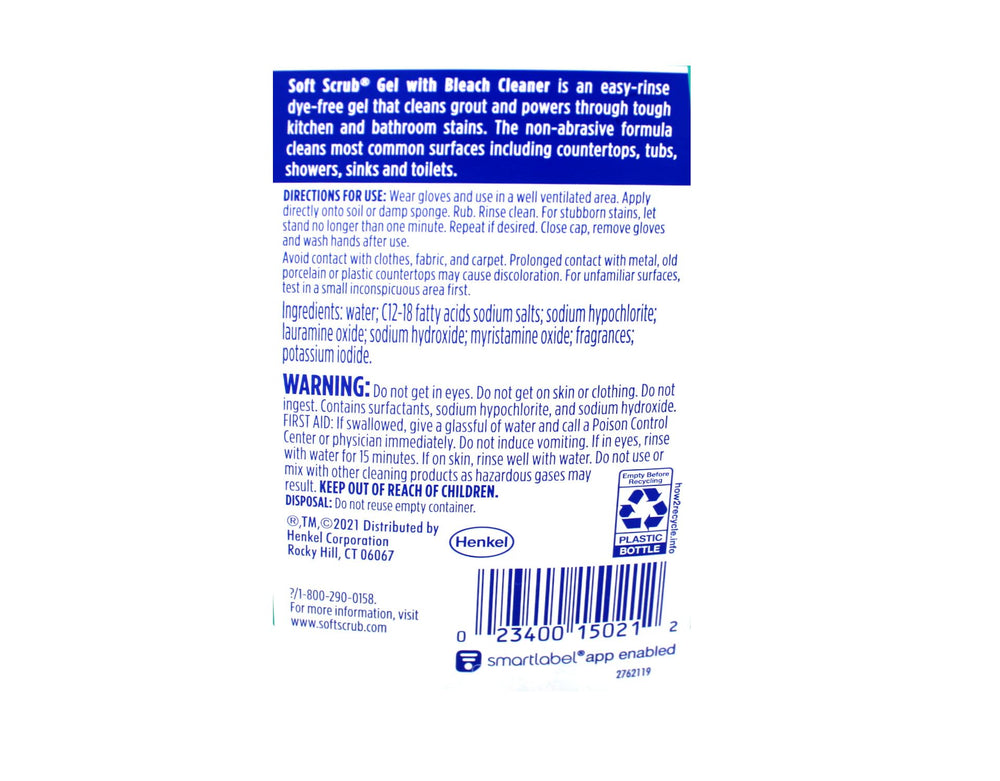 Soft Scrub Gel Cleanser with Bleach label highlighting EPA disinfectants